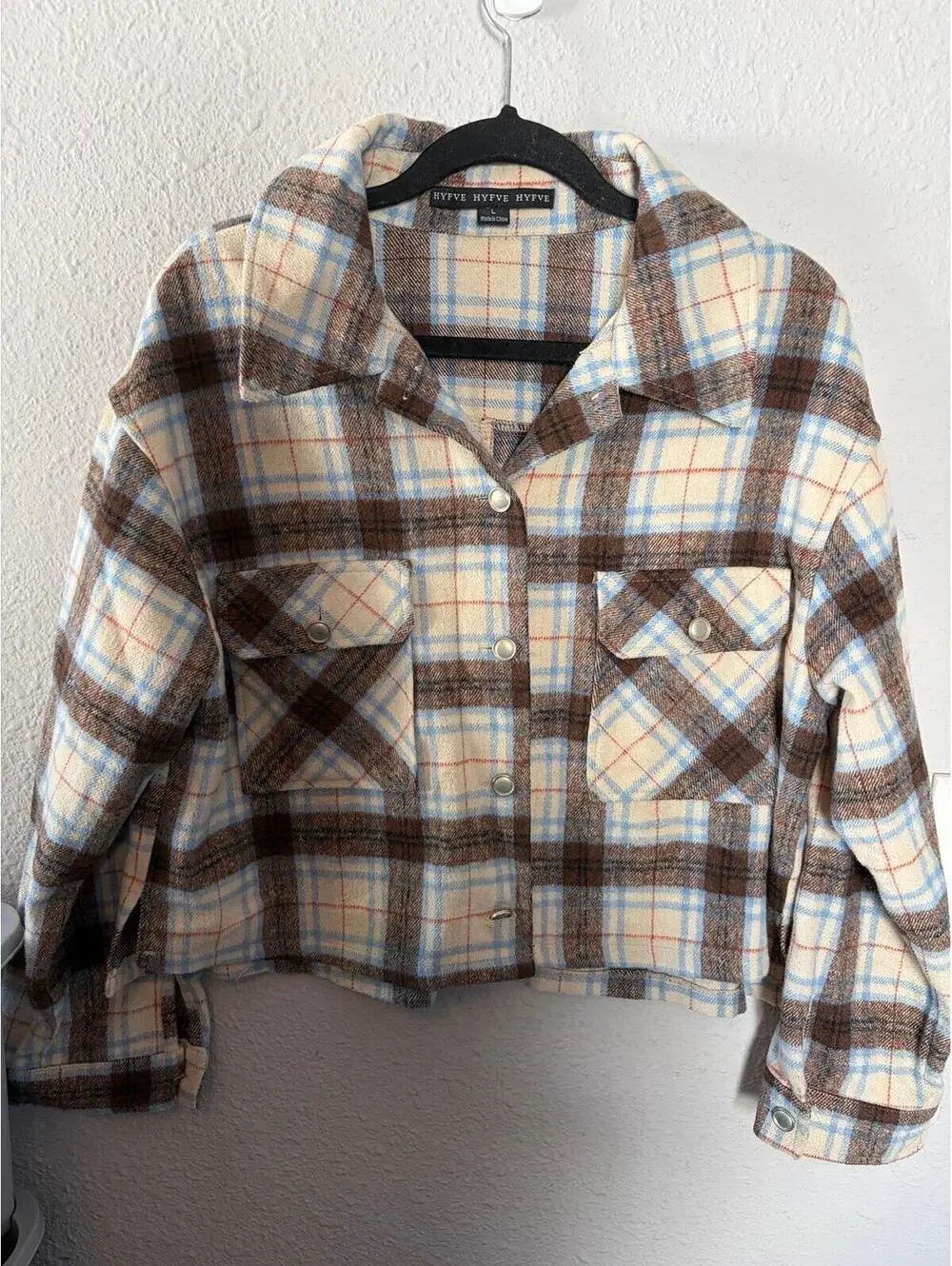 Hyfve brown/blue plaid shacket size L. Cropped length